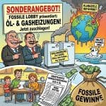 Karikatur zur GEG-Änderung 2026: Die fossile Lobby bewirbt Öl- und Gasheizungen als Sonderangebot, während eine Familie über hohen Rechnungen weint und die Erde schmilzt