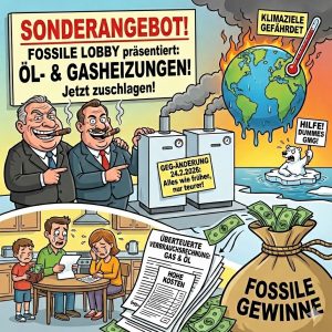 Karikatur zur GEG-Änderung 2026: Die fossile Lobby bewirbt Öl- und Gasheizungen als Sonderangebot, während eine Familie über hohen Rechnungen weint und die Erde schmilzt