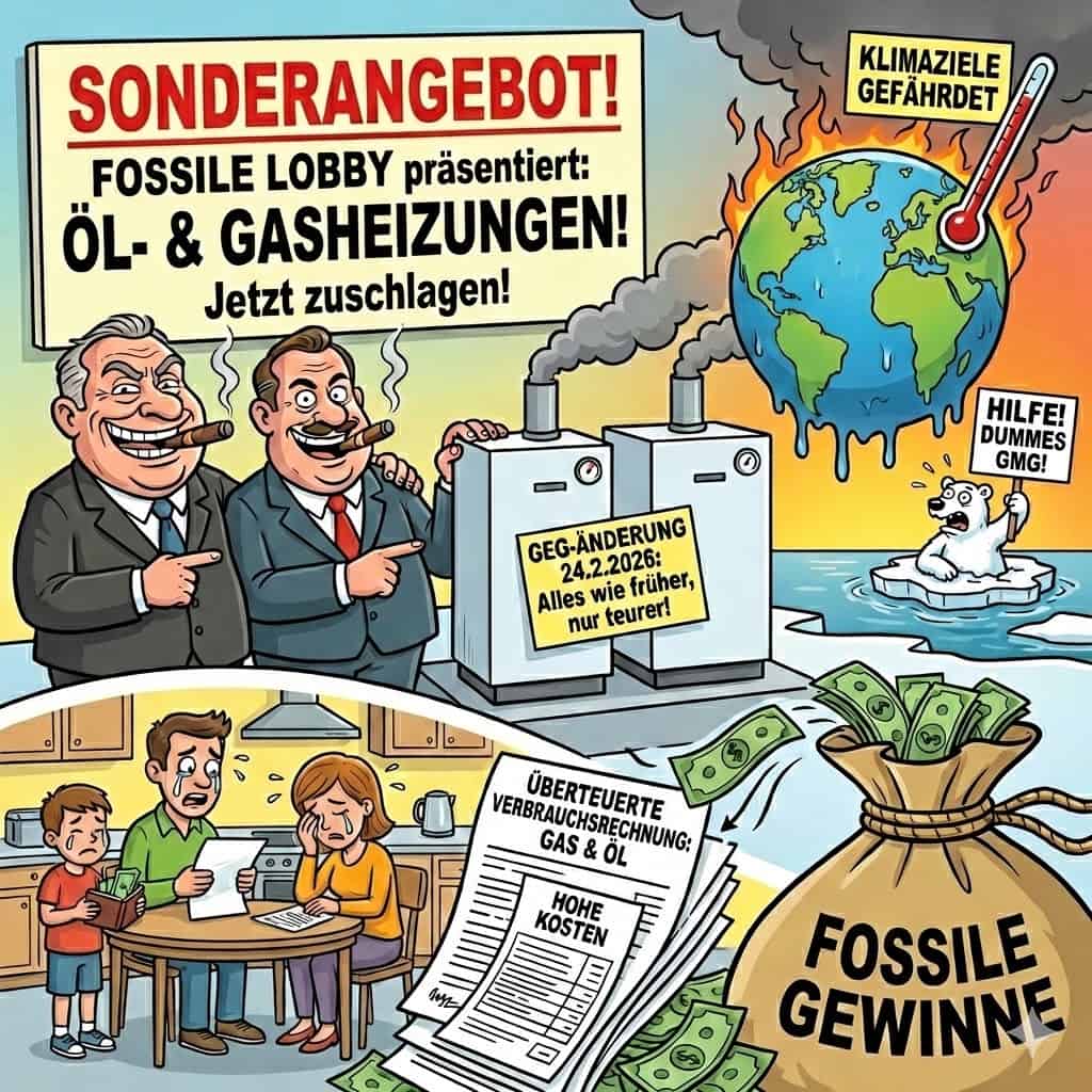 Karikatur zur GEG-Änderung 2026: Die fossile Lobby bewirbt Öl- und Gasheizungen als Sonderangebot, während eine Familie über hohen Rechnungen weint und die Erde schmilzt