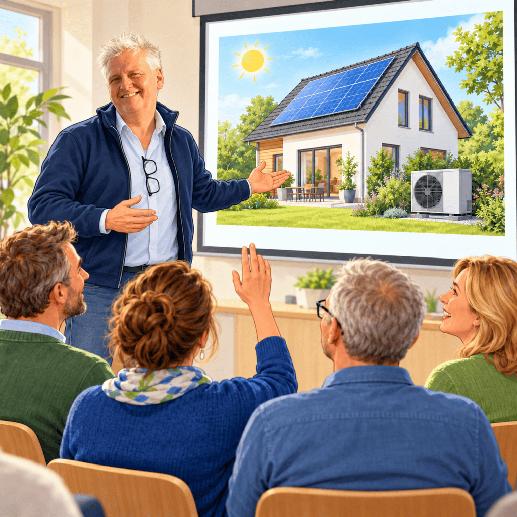 Illustration eines Energieberaters bei einem Vortrag über Heizung, Sanierung und Photovoltaik vor interessiertem Publikum